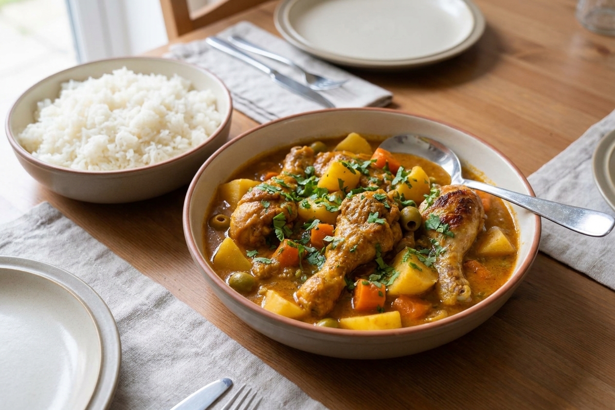 A serving bowl filled with pollo guisado, garnished with cilantro, with rice on the side on a dinner table