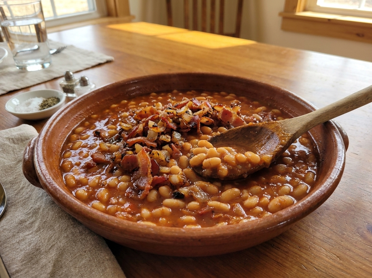 A serving bowl filled with pork and beans topped with crispy bacon bits on a dinner table with a spoon nearby
