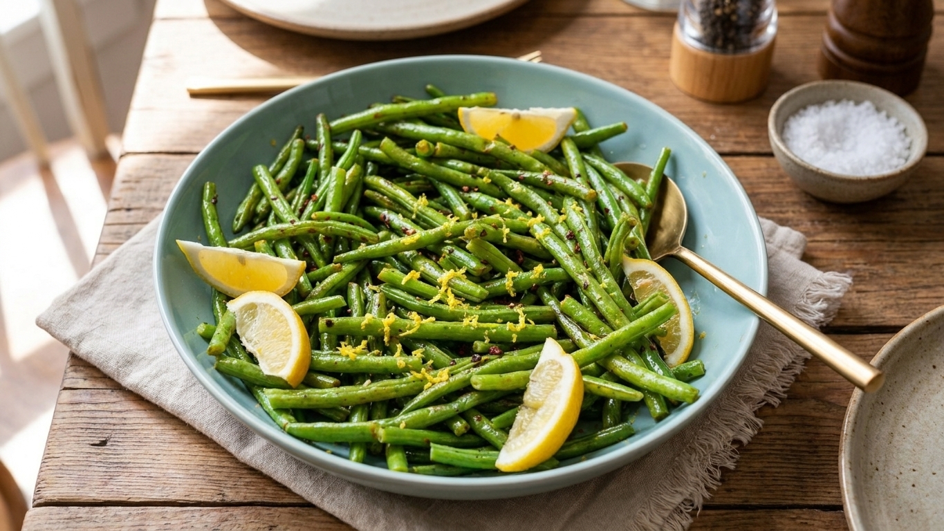 A serving bowl filled with roasted green beans topped with lemon zest and a few lemon wedges on a dinner table