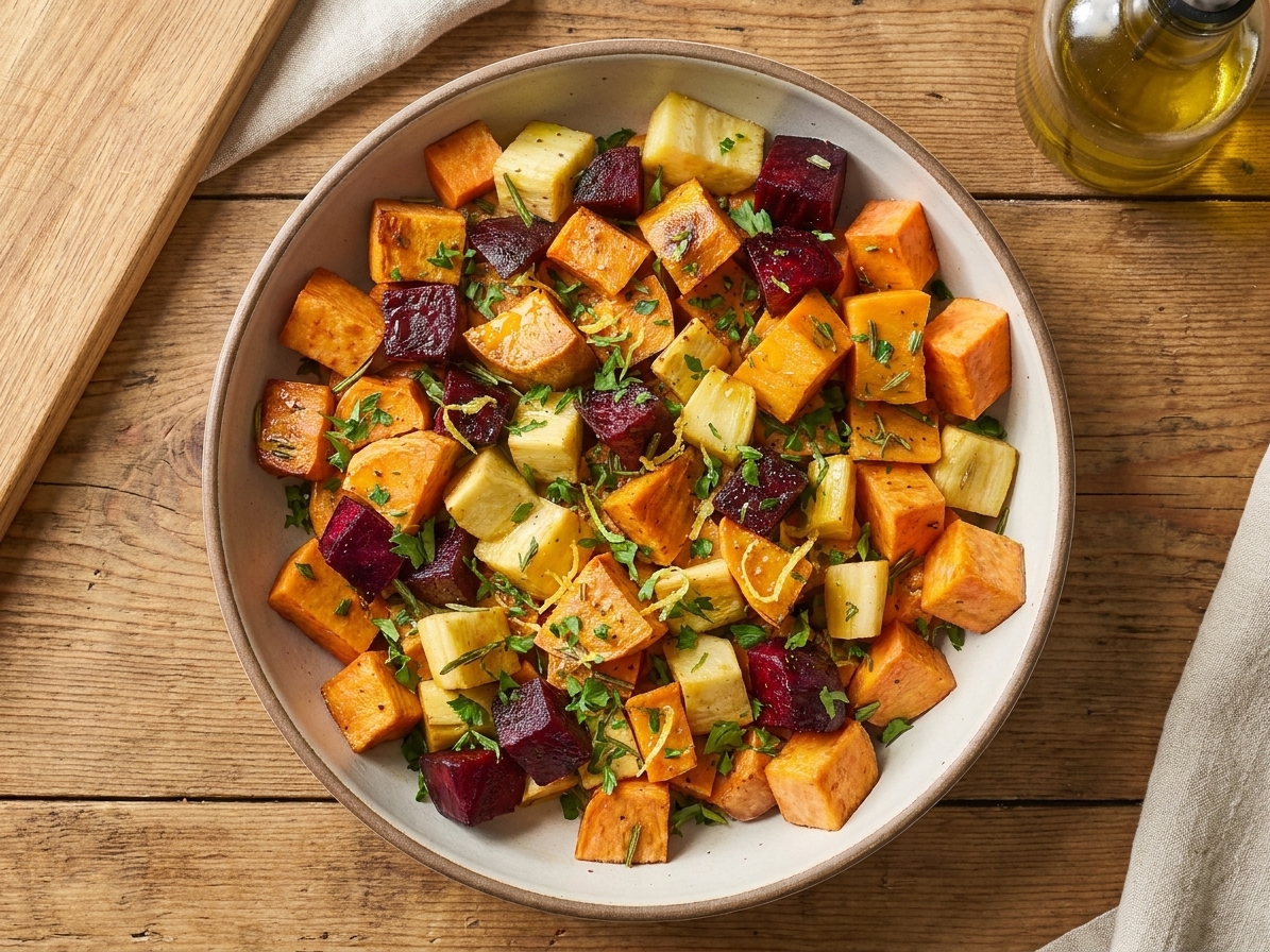 A serving bowl filled with roasted root vegetables garnished with chopped parsley and lemon zest on a wooden table