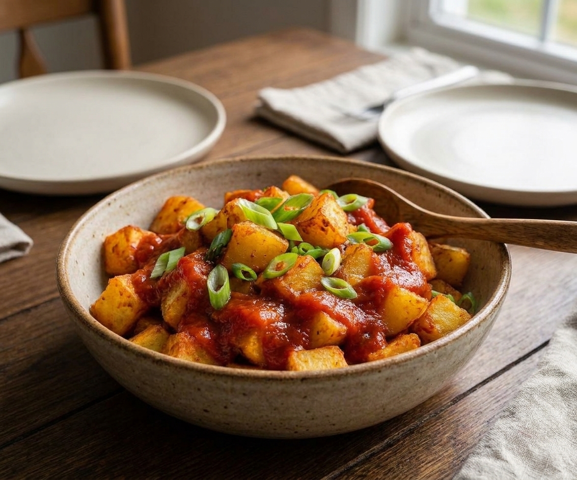 A serving bowl filled with saucy dofinwa potatoes, garnished with chopped scallions, set on a dinner table with simple plates in the background