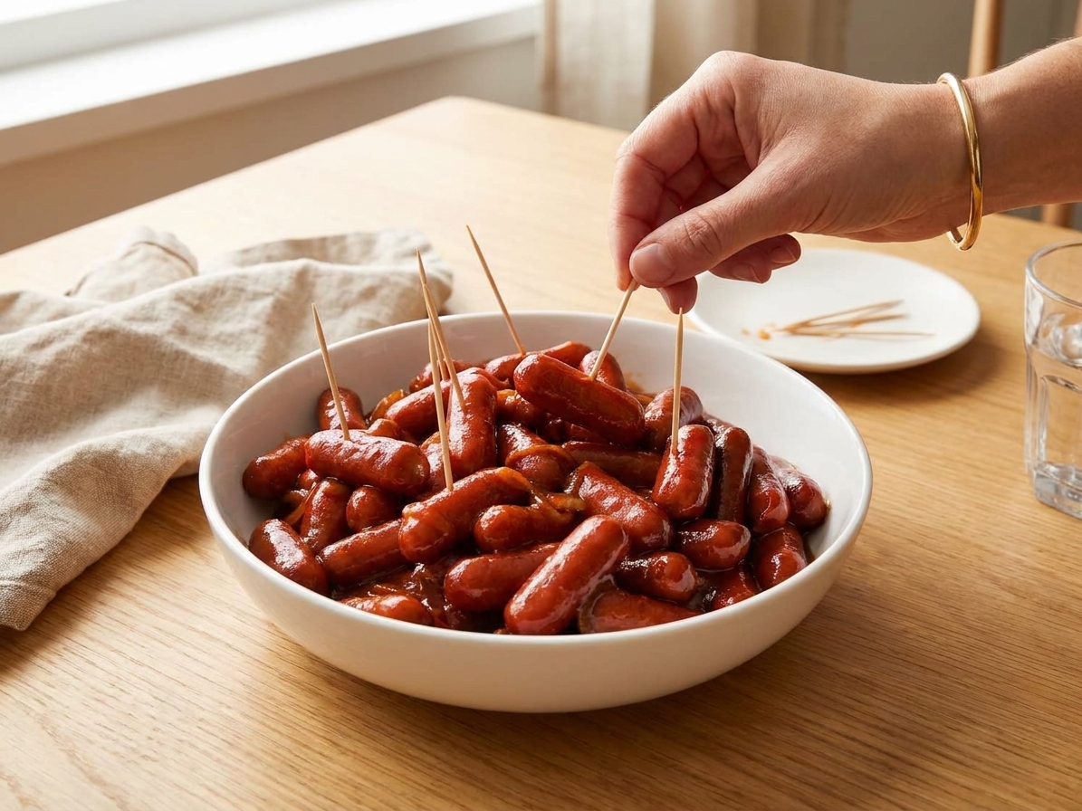 A serving bowl filled with saucy lil smokies with toothpicks on a simple table setting