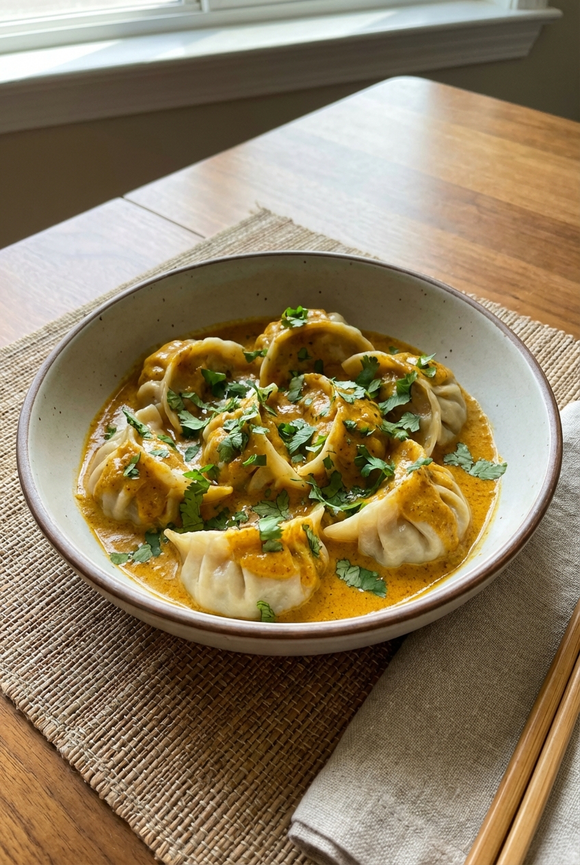 A serving bowl filled with spiced dumplings in creamy sauce topped with chopped cilantro