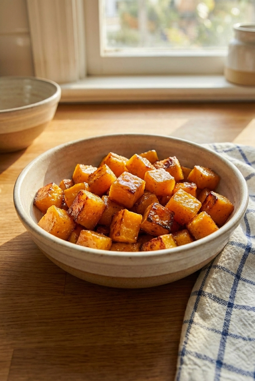 A serving bowl filled with sweet roasted butternut squash cubes with browned edges, ready to serve