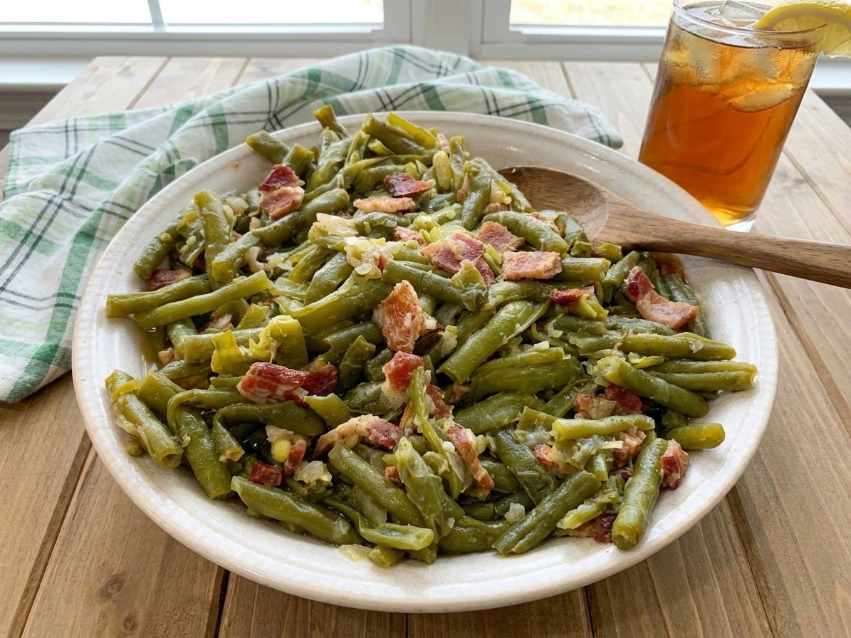 A serving bowl filled with tender Southern green beans and bacon pieces with a little broth pooled at the bottom, set on a dining table