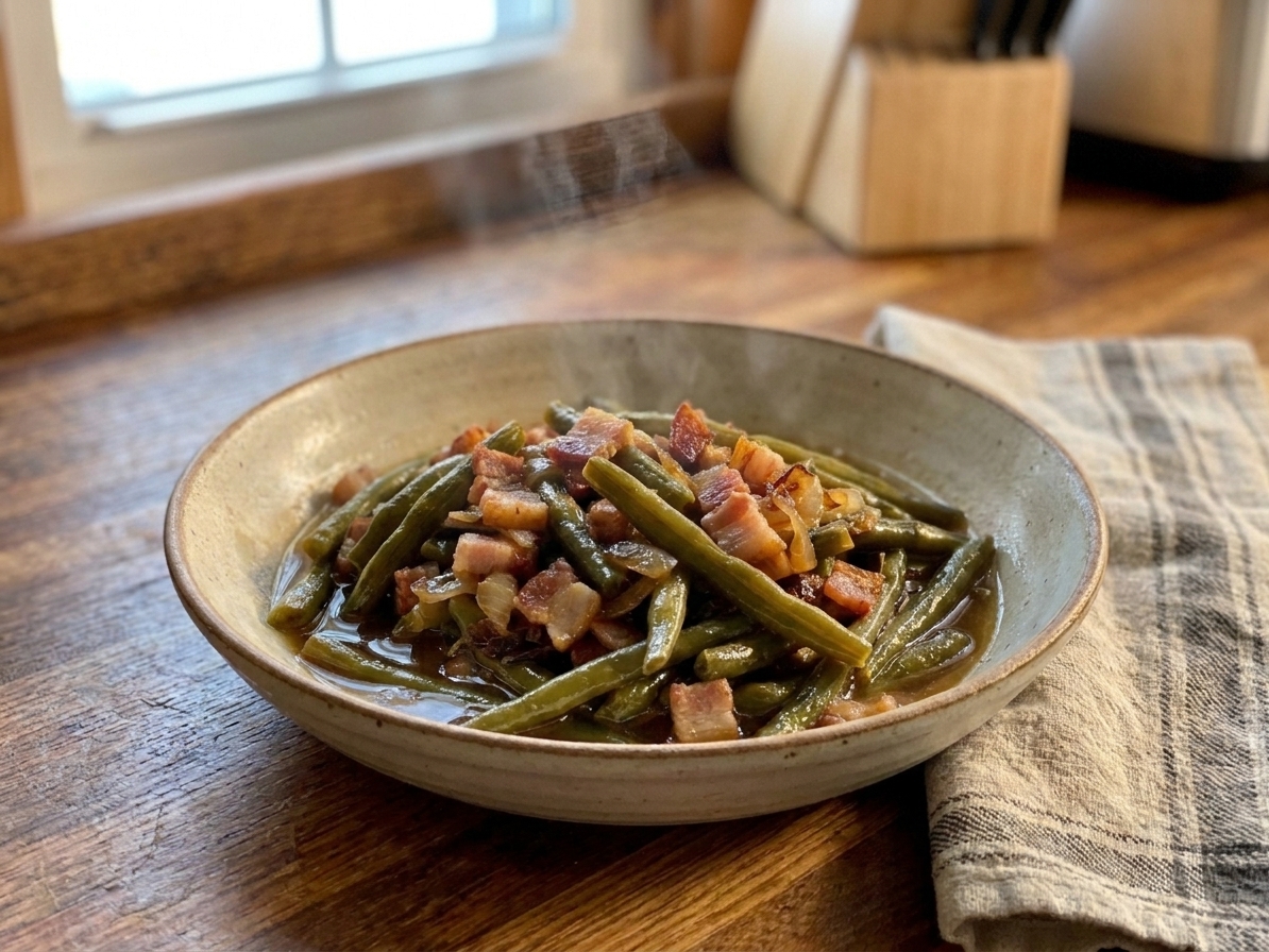 A serving bowl filled with tender Southern snap beans and bacon with a bit of savory broth, set on a simple table with a folded napkin