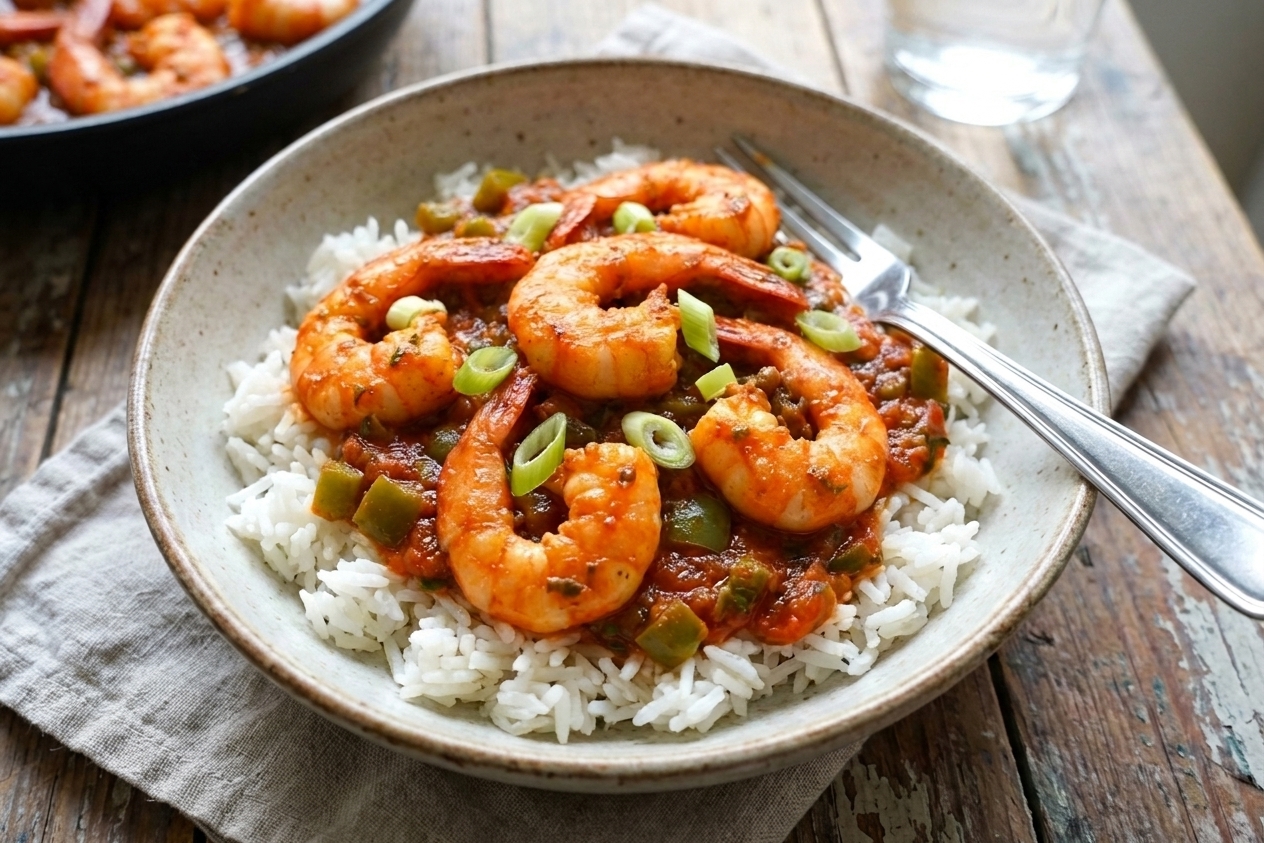 A serving bowl filled with white rice topped with prawn creole sauce and garnished with sliced green onions, set on a simple dinner table