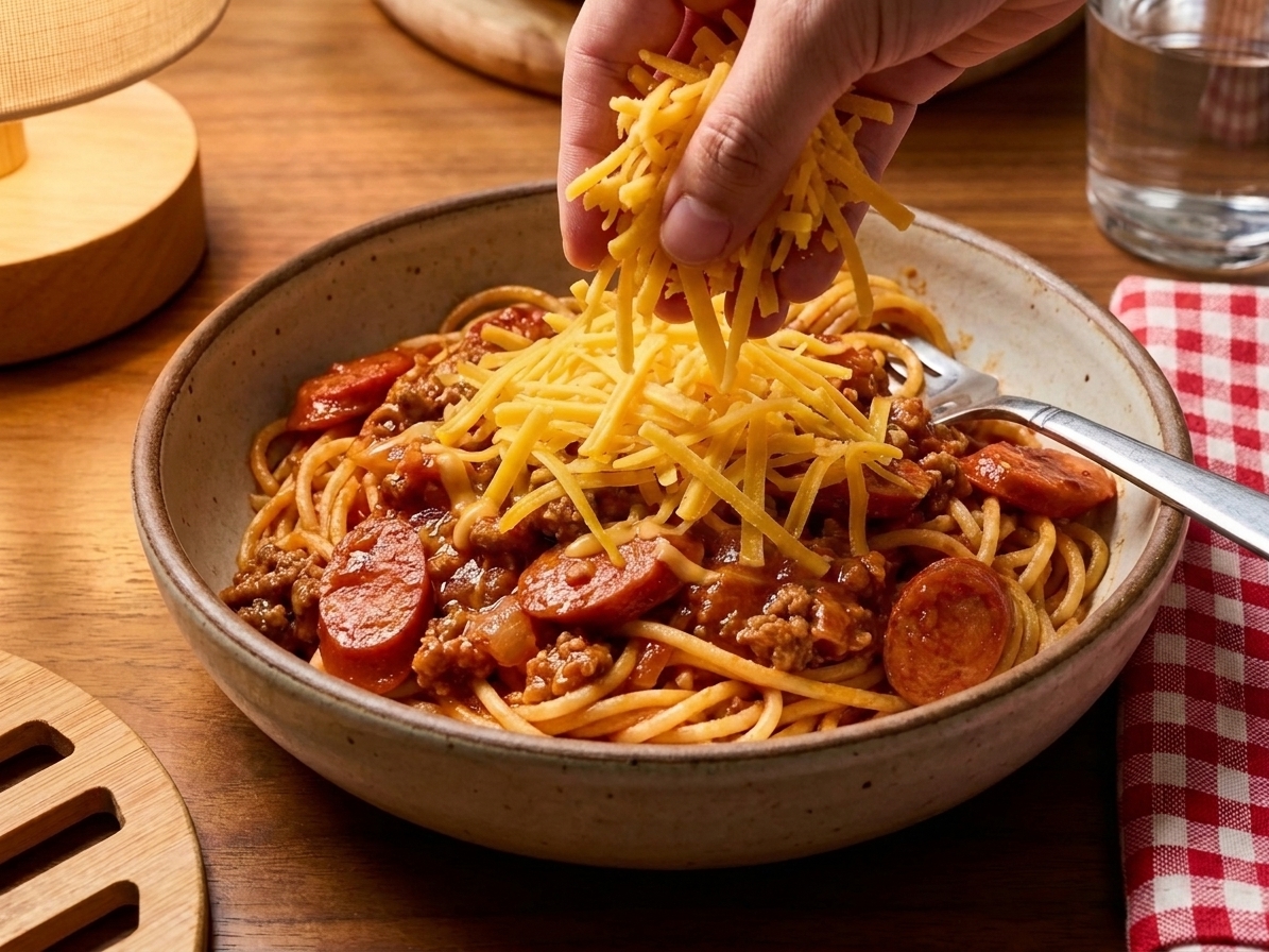 A serving bowl of Filipino spaghetti being topped with a generous handful of shredded cheddar cheese at the table