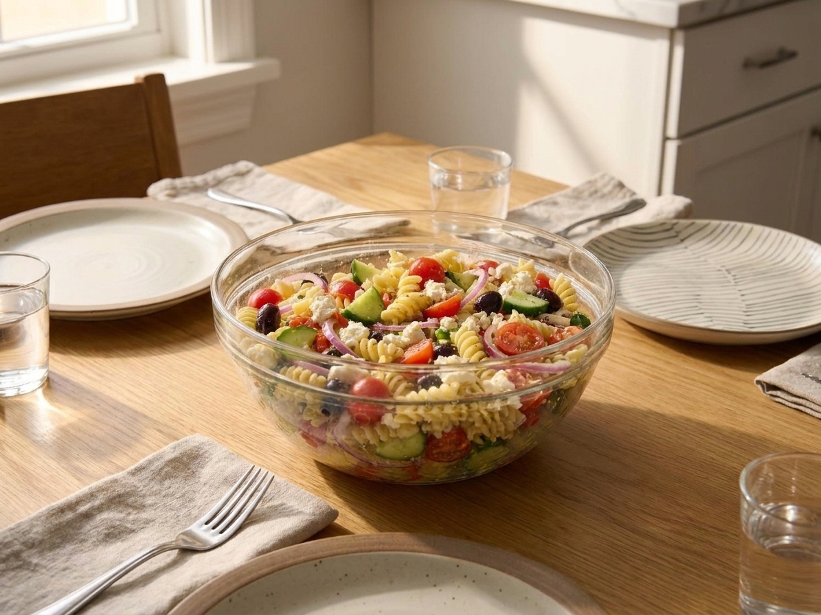 A serving bowl of Greek pasta salad on a simple dining table set with plates and forks in warm natural light