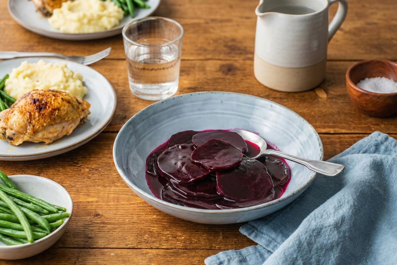 A serving bowl of Harvard beets on a dinner table with a spoon, alongside a simple weeknight meal setting