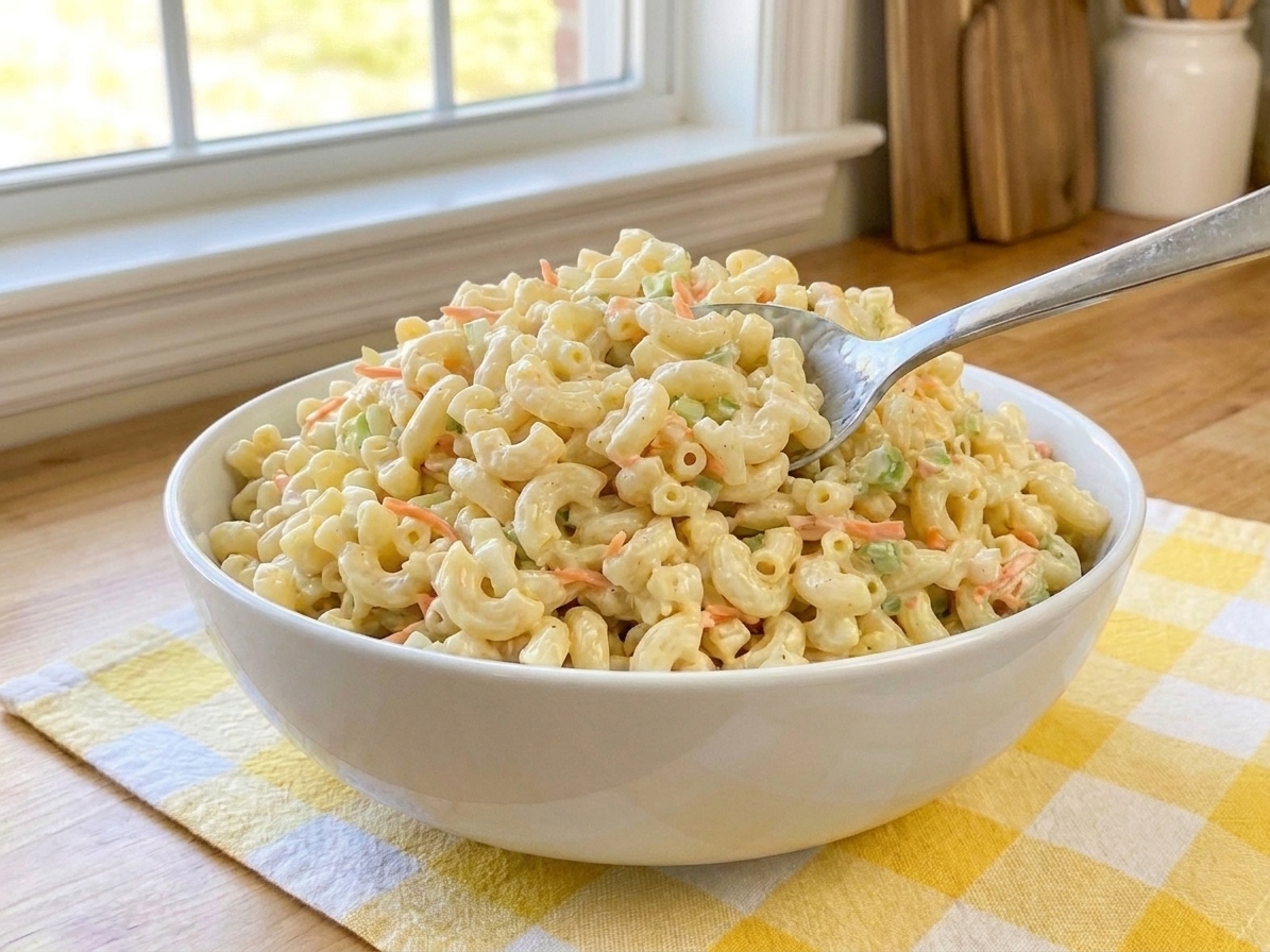 A serving bowl of Hawaiian macaroni salad on a dining table with a spoon, showing a creamy texture and visible grated carrots