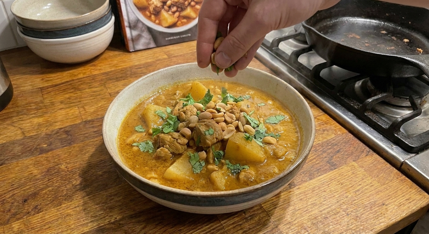A serving bowl of Massaman curry being finished with a sprinkle of roasted peanuts and chopped cilantro