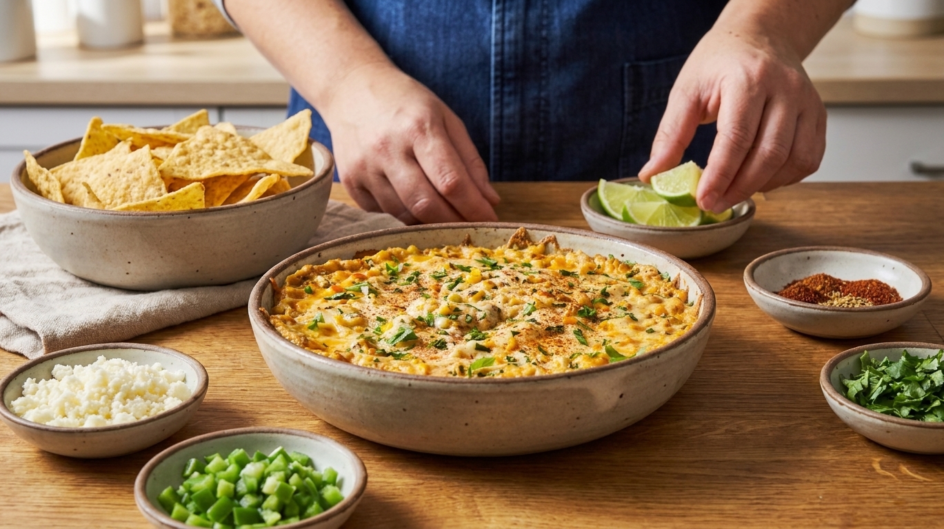 A serving bowl of Mexican corn dip on a table with tortilla chips, lime wedges, and small bowls of toppings in a cozy home setting