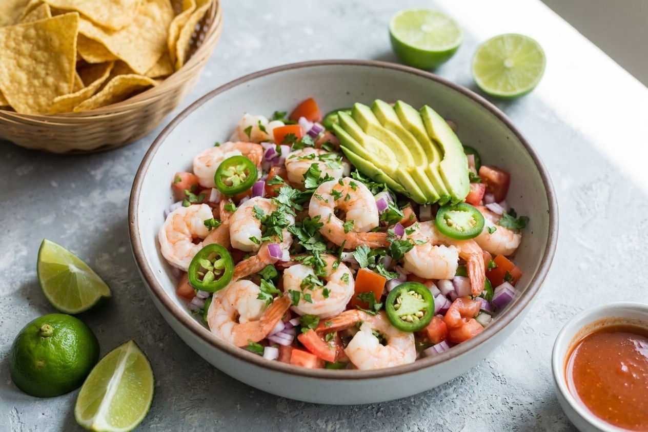 A serving bowl of Mexican shrimp ceviche garnished with cilantro and avocado, set on a table with tortilla chips and lime wedges