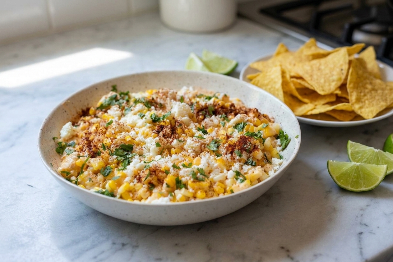 A serving bowl of Mexican street corn dip topped with cotija and cilantro on a table with tortilla chips and lime wedges