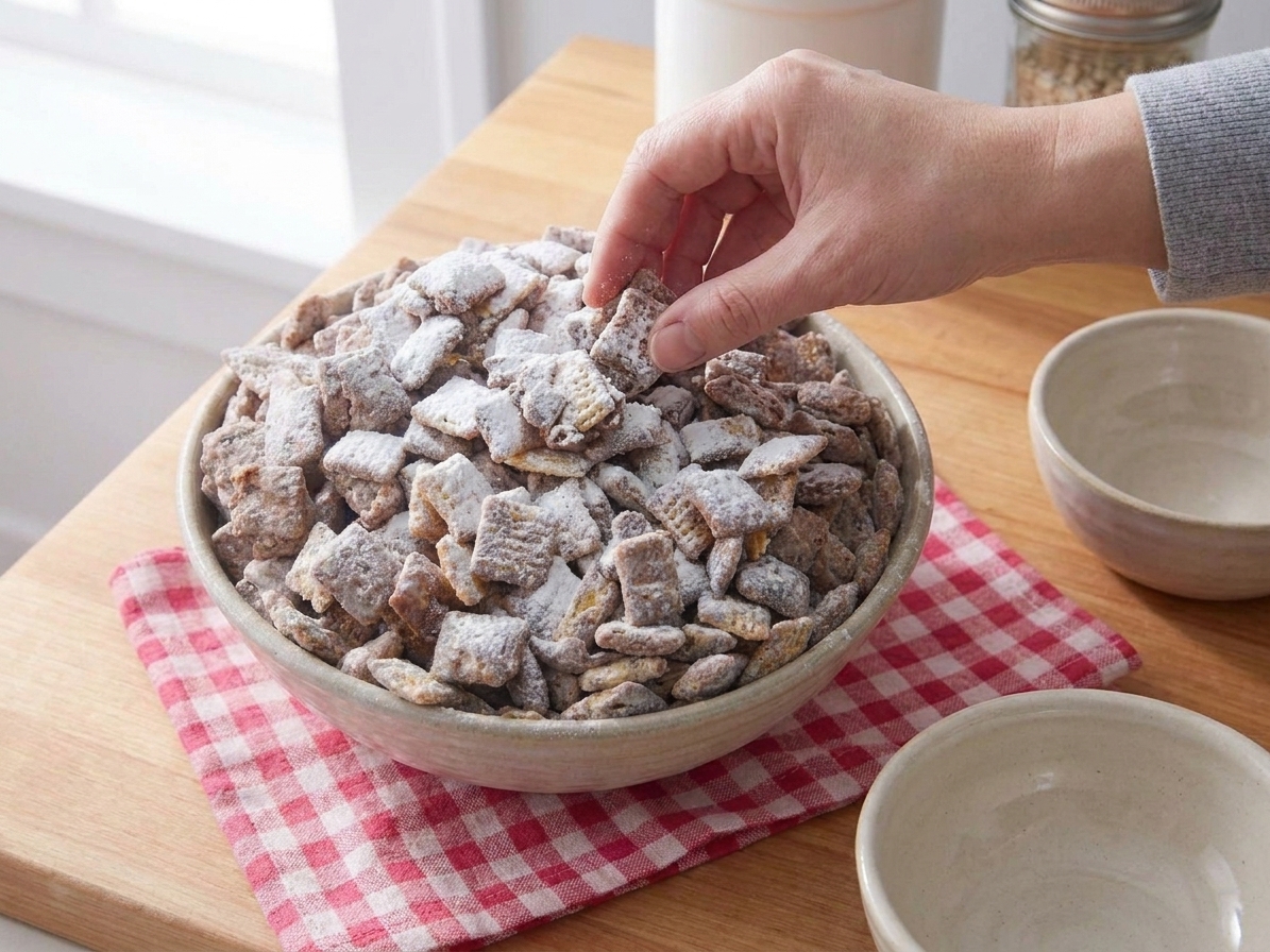 A serving bowl of Muddy Buddies on a simple table setting with small snack bowls nearby, soft natural light and a cozy kitchen background