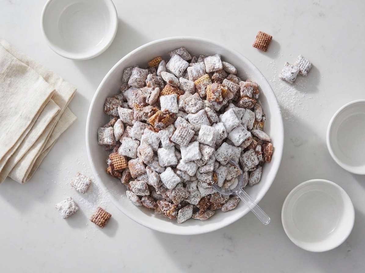 A serving bowl of Muddy Buddies on a table with small snack bowls and napkins set for sharing