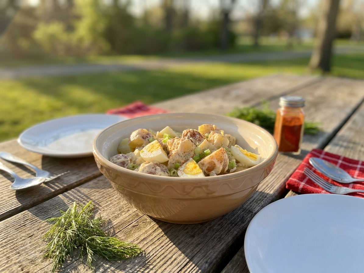 A serving bowl of Southern potato salad on a picnic table with simple plates and utensils nearby in soft afternoon light