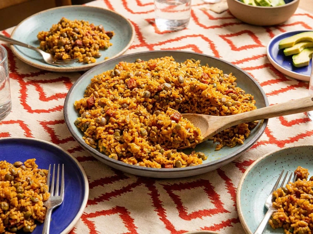 A serving bowl of arroz con gandules on a dinner table with a spoon, simple plates, and warm ambient lighting