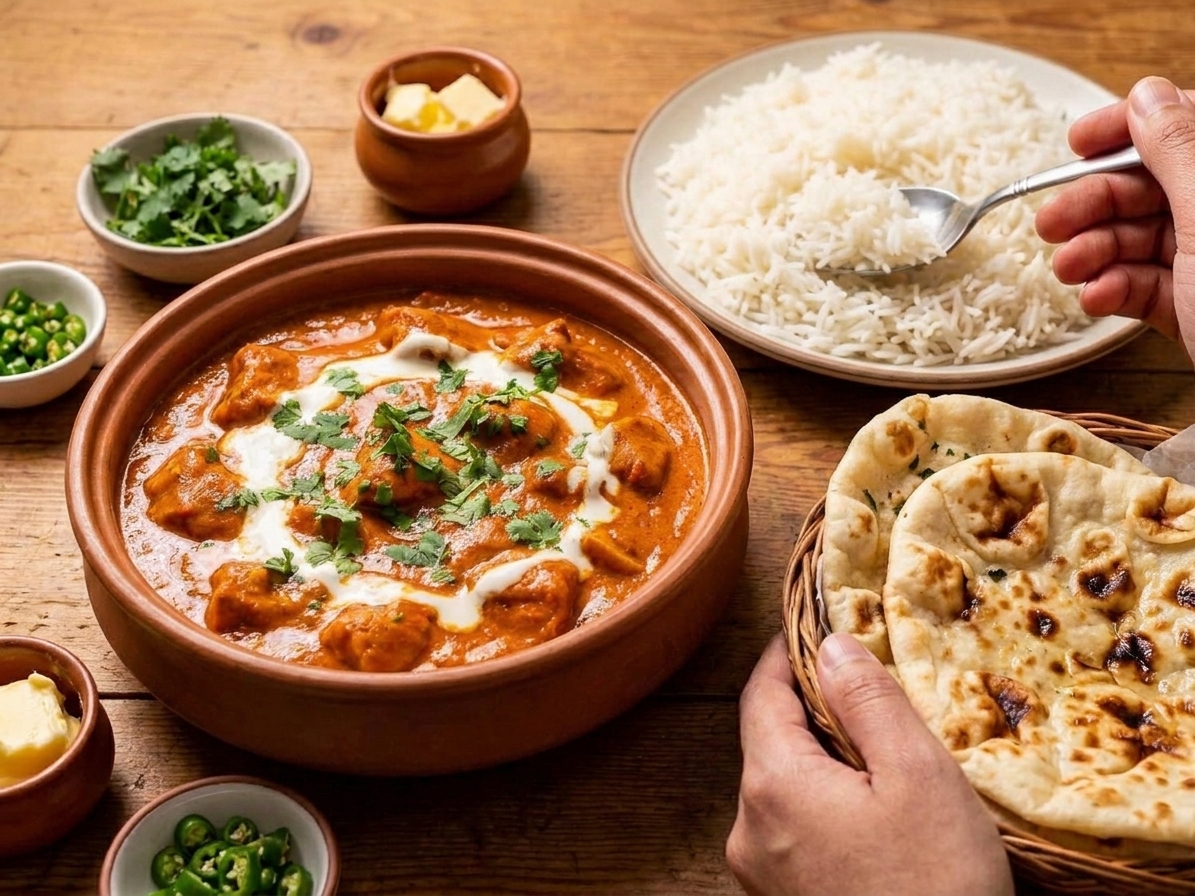 A serving bowl of butter chicken on a table with naan bread and basmati rice nearby, ready to eat