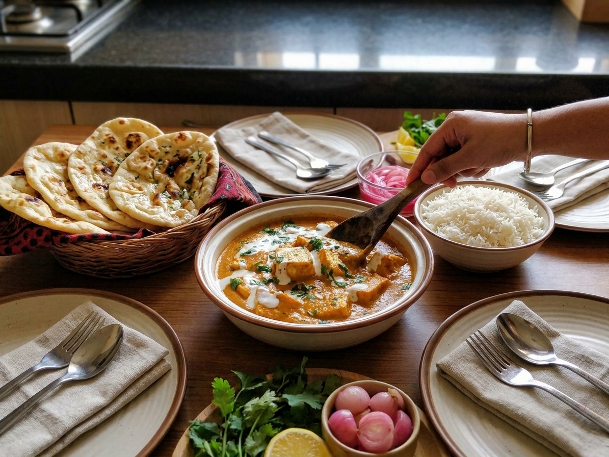 A serving bowl of butter paneer masala served with naan and basmati rice on a warm, casual dinner table