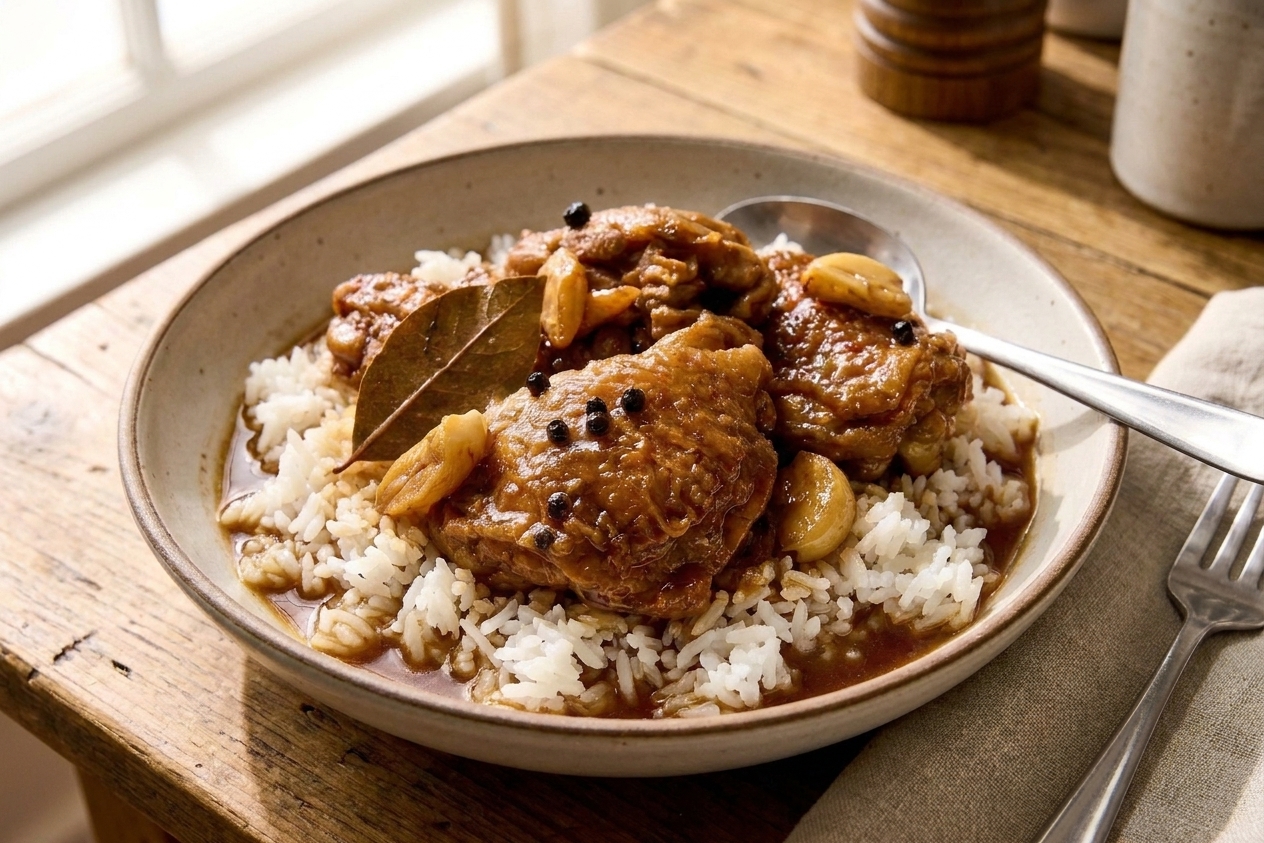 A serving bowl of chicken adobo over white rice with glossy sauce spooned on top on a simple dinner table setting