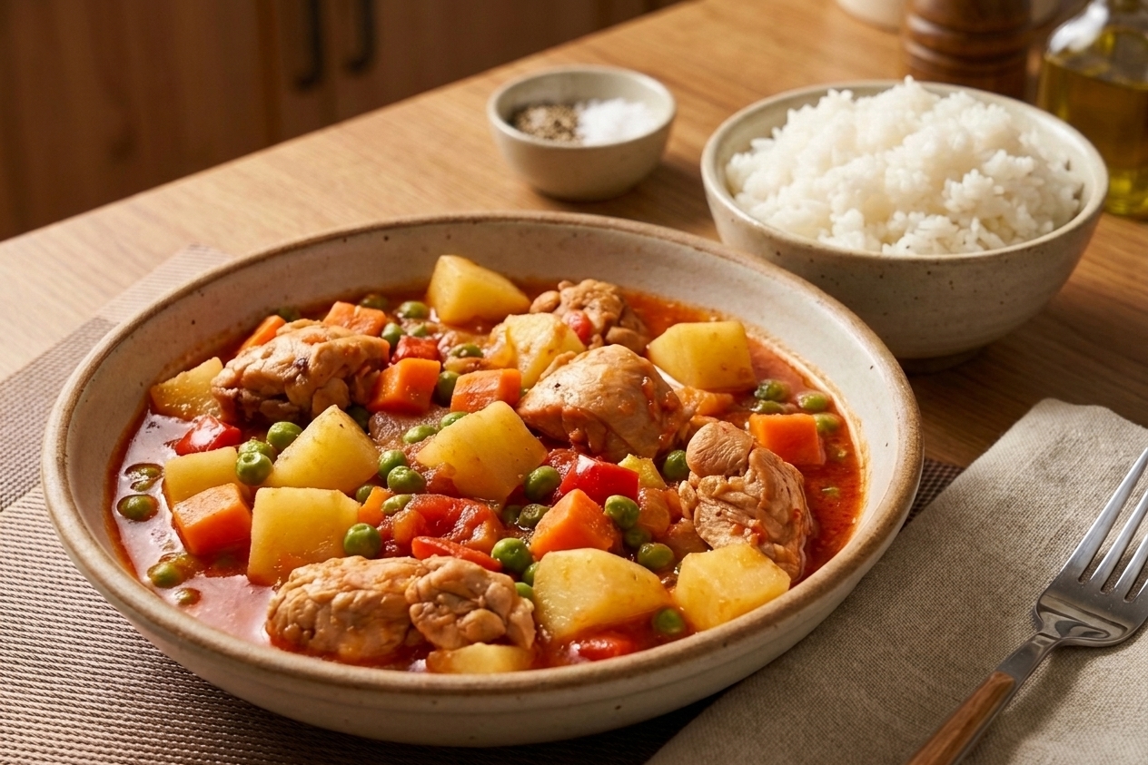 A serving bowl of chicken afritada with potatoes, carrots, peas, and bell pepper in a rich tomato sauce, set on a dinner table with a bowl of white rice and simple place settings