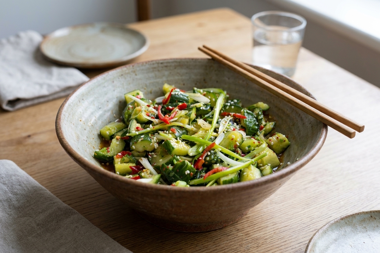 A serving bowl of chilled smashed cucumber salad topped with toasted sesame seeds on a simple dinner table