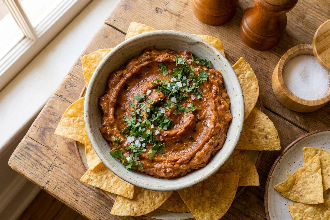 A serving bowl of chipotle guacamole garnished with cilantro on a wooden table with tortilla chips and a small plate setting