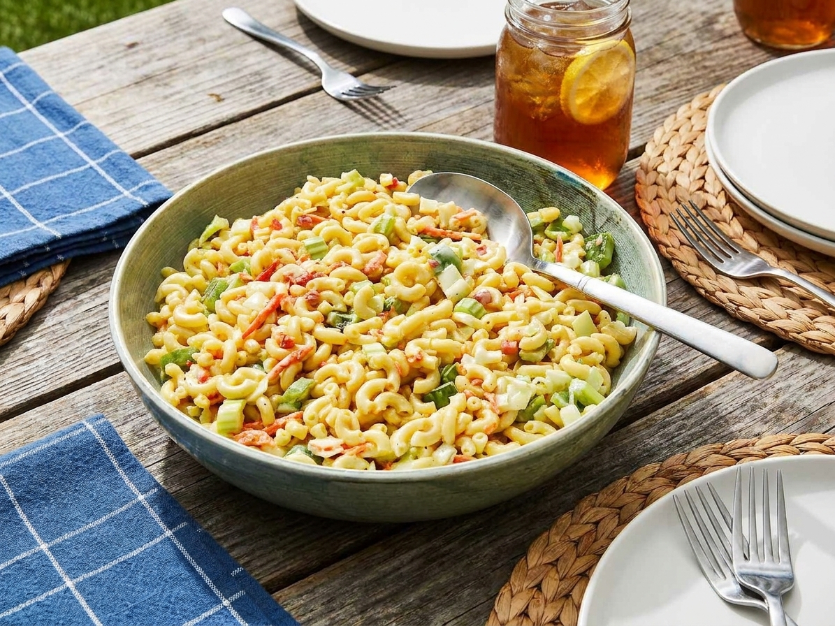 A serving bowl of classic macaroni salad on a picnic table with a spoon, surrounded by simple summer table settings in natural daylight