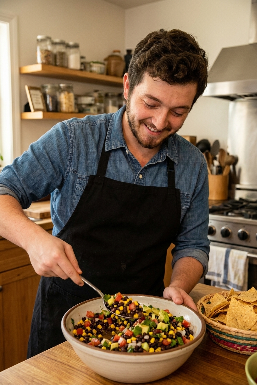A serving bowl of cowboy caviar set out with tortilla chips