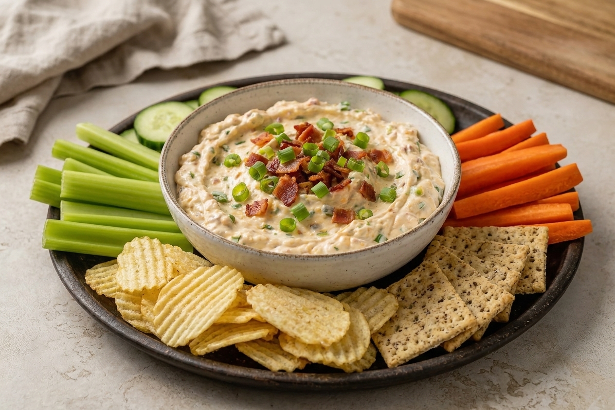 A serving bowl of cream cheese dip topped with scallions and bacon on a table setting with potato chips, crackers, carrot sticks, and celery arranged around it