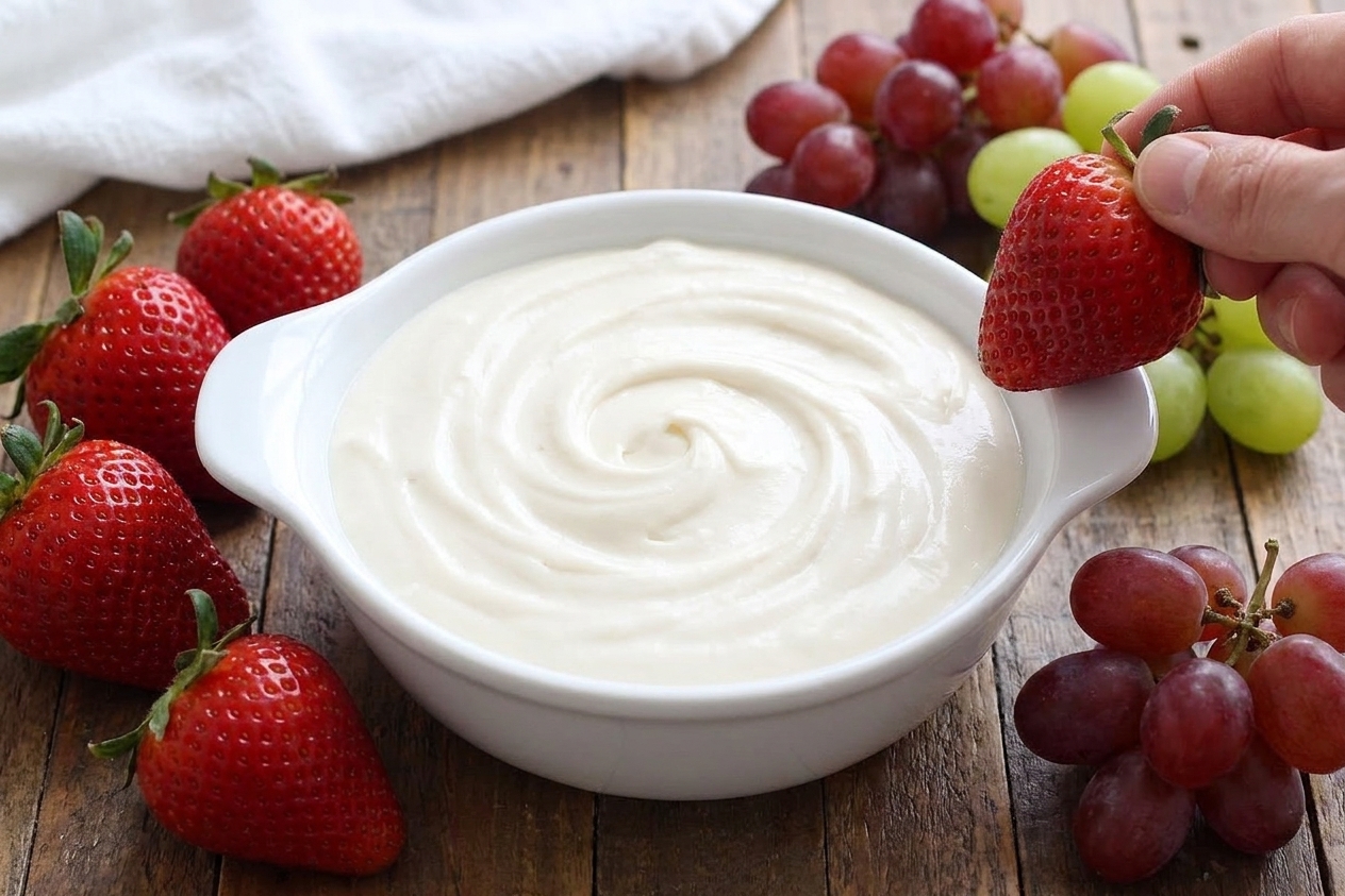 A serving bowl of cream cheese fruit dip on a wooden table with strawberries and grapes ready for dipping