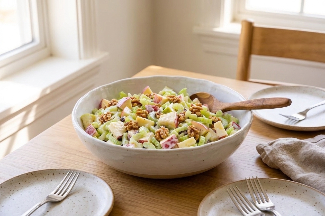 A serving bowl of creamy apple salad on a simple dining table setting with plates and forks, with soft natural light coming from the side