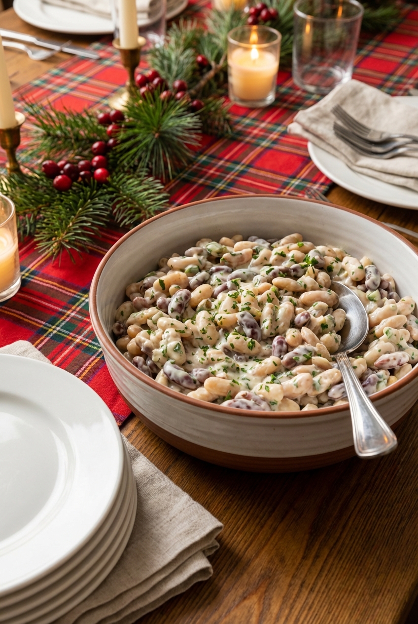 A serving bowl of creamy bean salad on a holiday table next to a serving spoon and plates