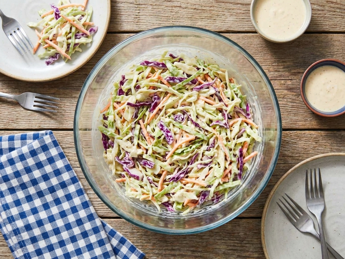 A serving bowl of creamy coleslaw on a casual picnic table setting with summer plates and utensils