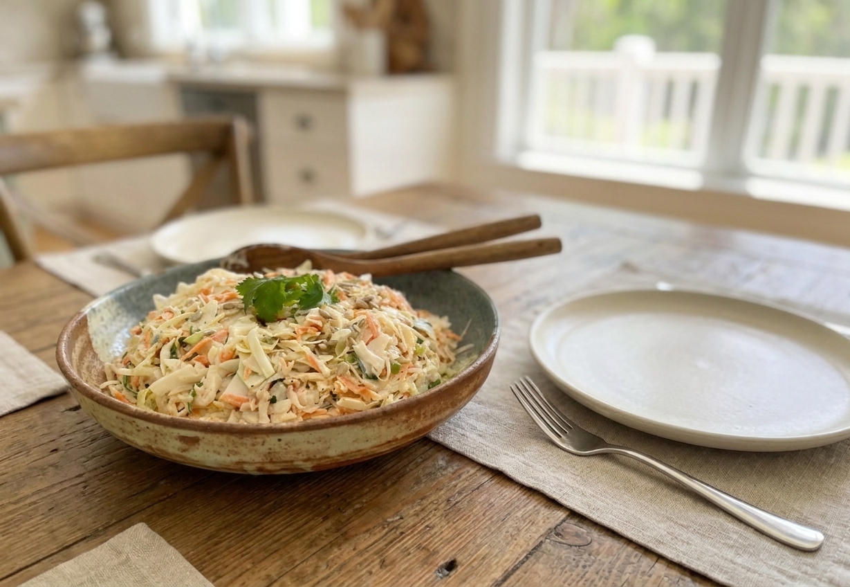 A serving bowl of creamy coleslaw on a dinner table next to a plate and fork, ready to serve