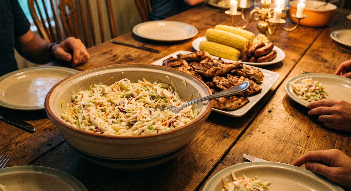 A serving bowl of creamy coleslaw on a family dinner table next to grilled food, warm indoor lighting, realistic photo