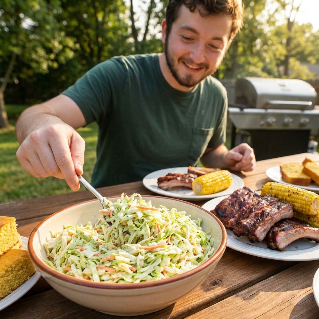 A serving bowl of creamy coleslaw with visible cabbage and carrot shreds next to barbecue dishes on an outdoor table, real food photography