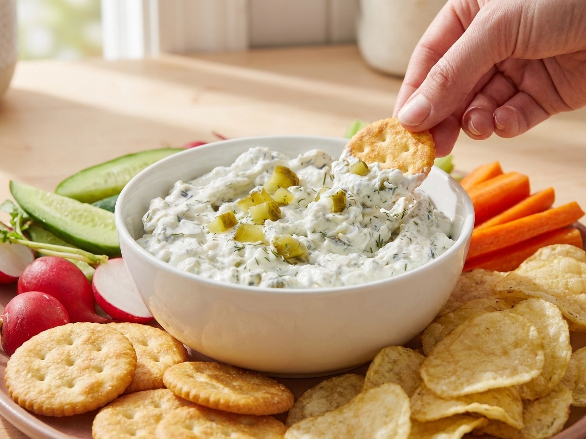 A serving bowl of creamy dill pickle dip topped with chopped pickles and dill on a snack table with potato chips and crackers arranged around it in warm light