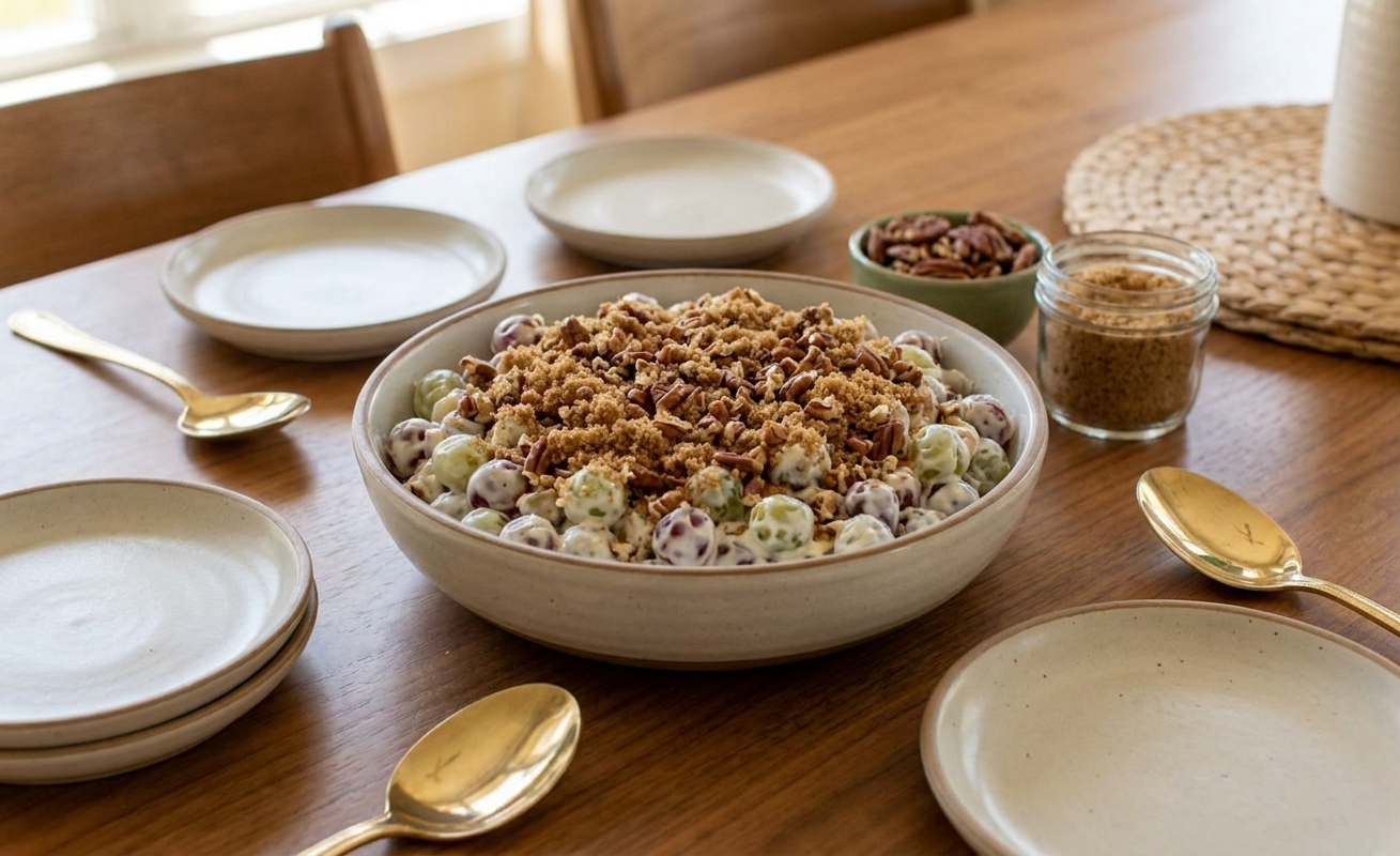 A serving bowl of creamy grape salad on a dining table, topped with brown sugar and pecans and surrounded by small plates ready for a potluck