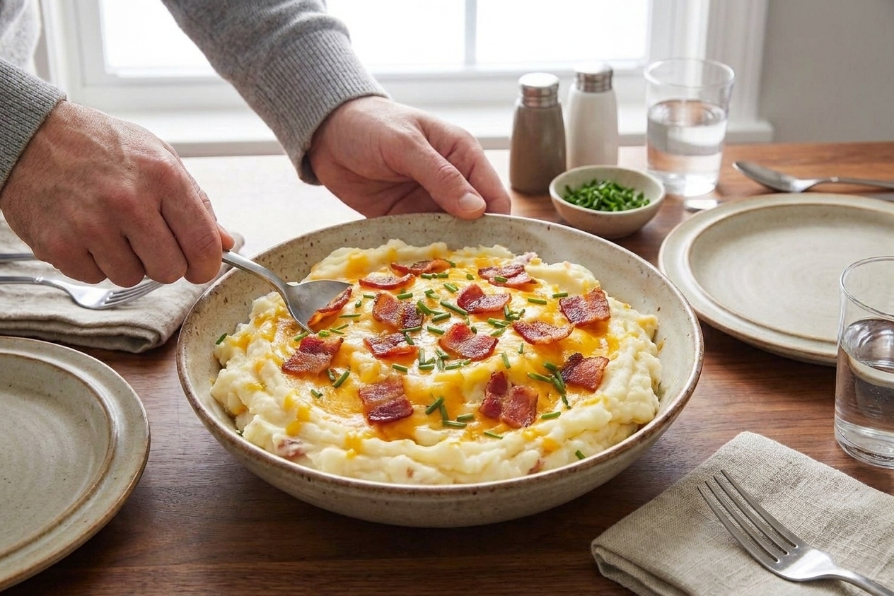 A serving bowl of creamy mashed potatoes topped with shredded cheddar, chopped bacon, and fresh chives on a set dinner table