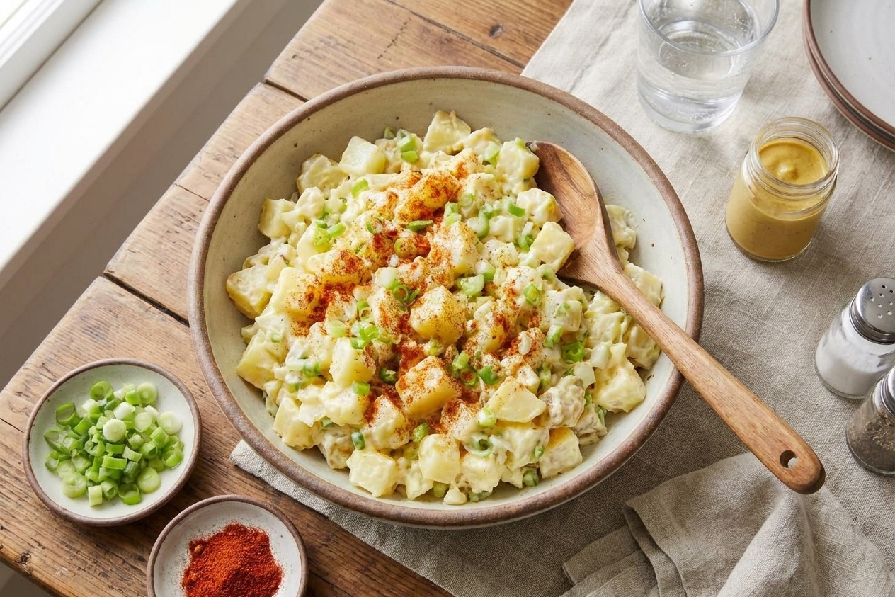 A serving bowl of creamy potato salad on a casual dining table with a serving spoon