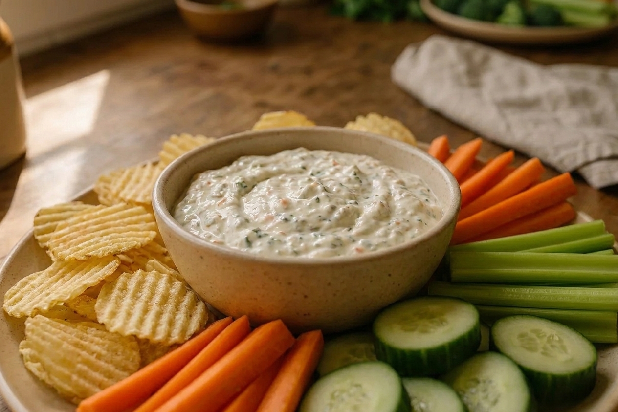 A serving bowl of creamy vegetable dip on a table with potato chips, carrots, celery, and cucumber arranged around it