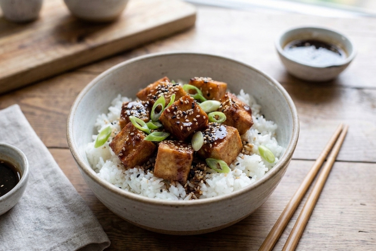 A serving bowl of crispy baked sesame tofu coated in glossy sauce, topped with sesame seeds and scallions on a warm kitchen table with rice nearby