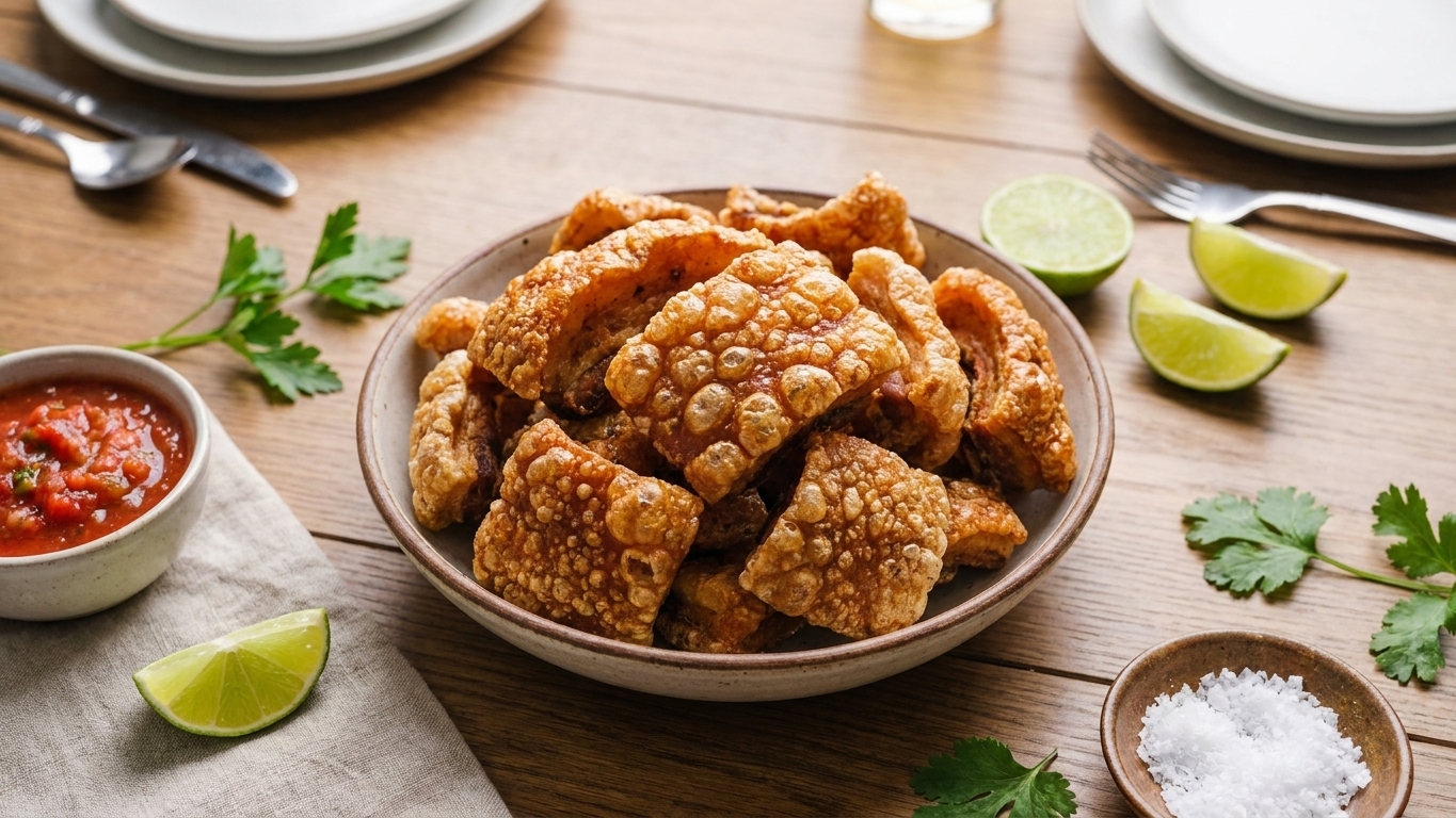 A serving bowl of crispy chicharrones on a dinner table with lime wedges and a small bowl of salsa, casual family-style setting
