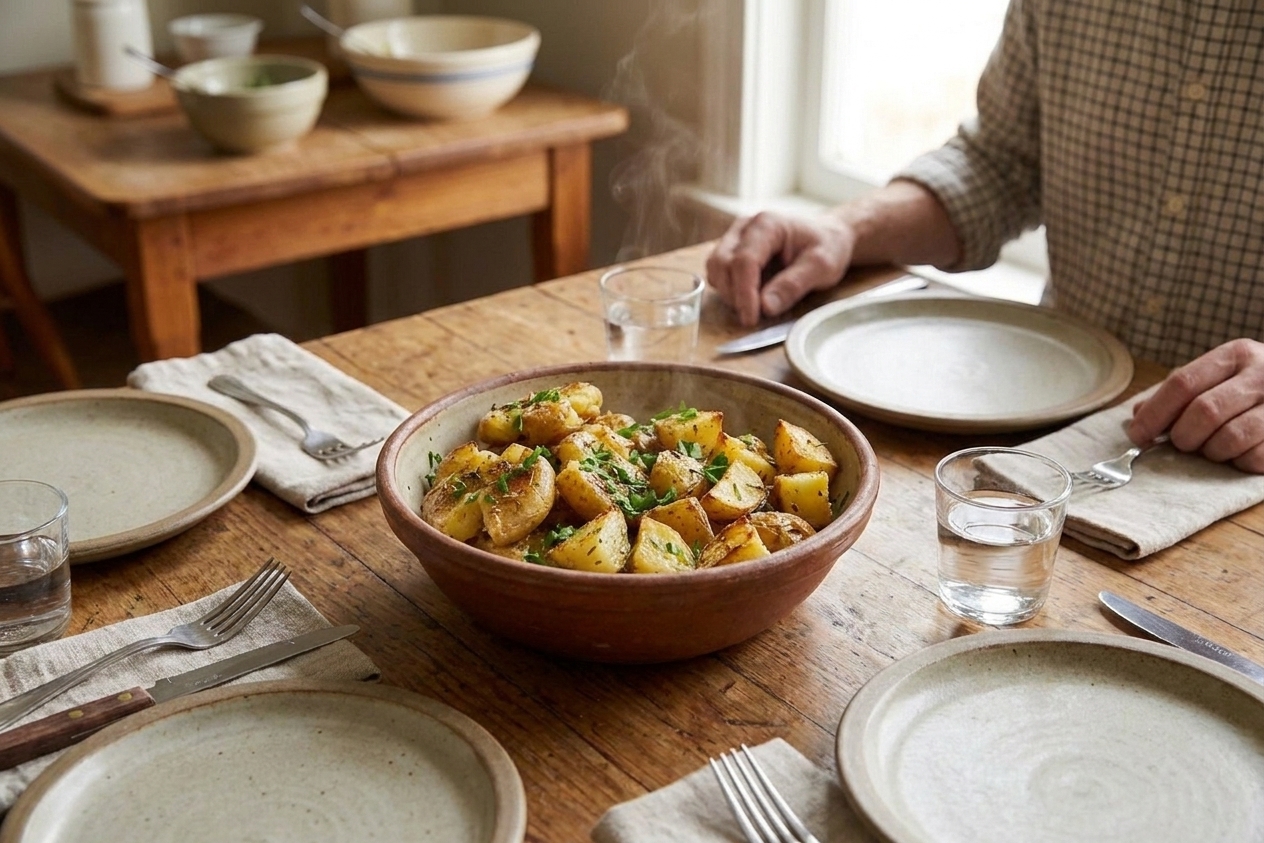 A serving bowl of crispy oven roasted potatoes topped with chopped parsley on a dining table with simple place settings