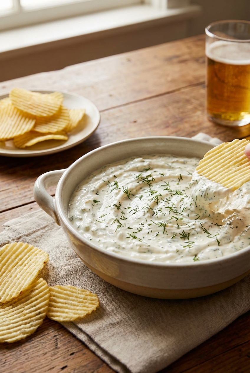 A serving bowl of dill dip on a table with potato chips being dipped into it