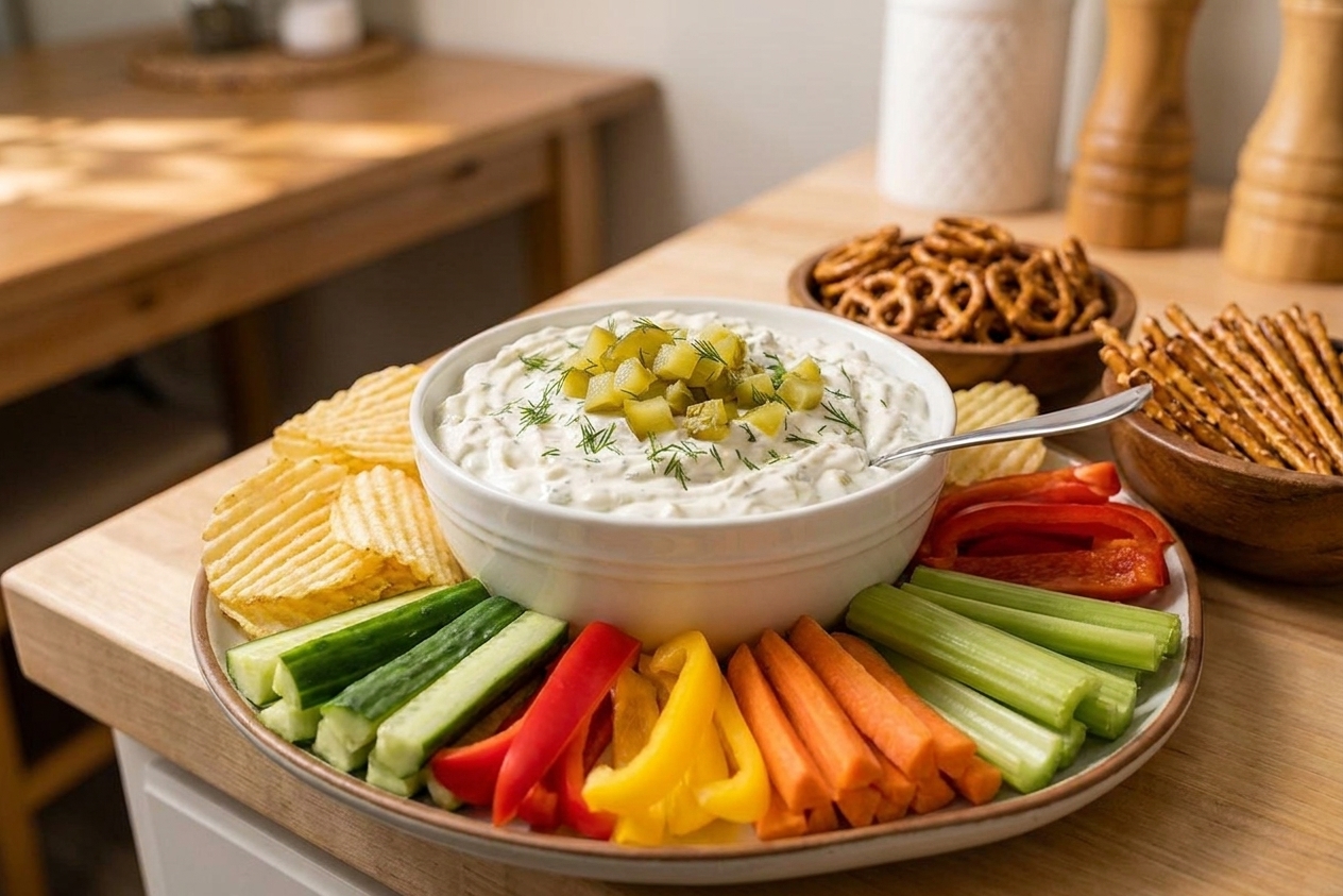 A serving bowl of dill pickle dip on a snack table with potato chips, pretzels, and sliced vegetables arranged around it