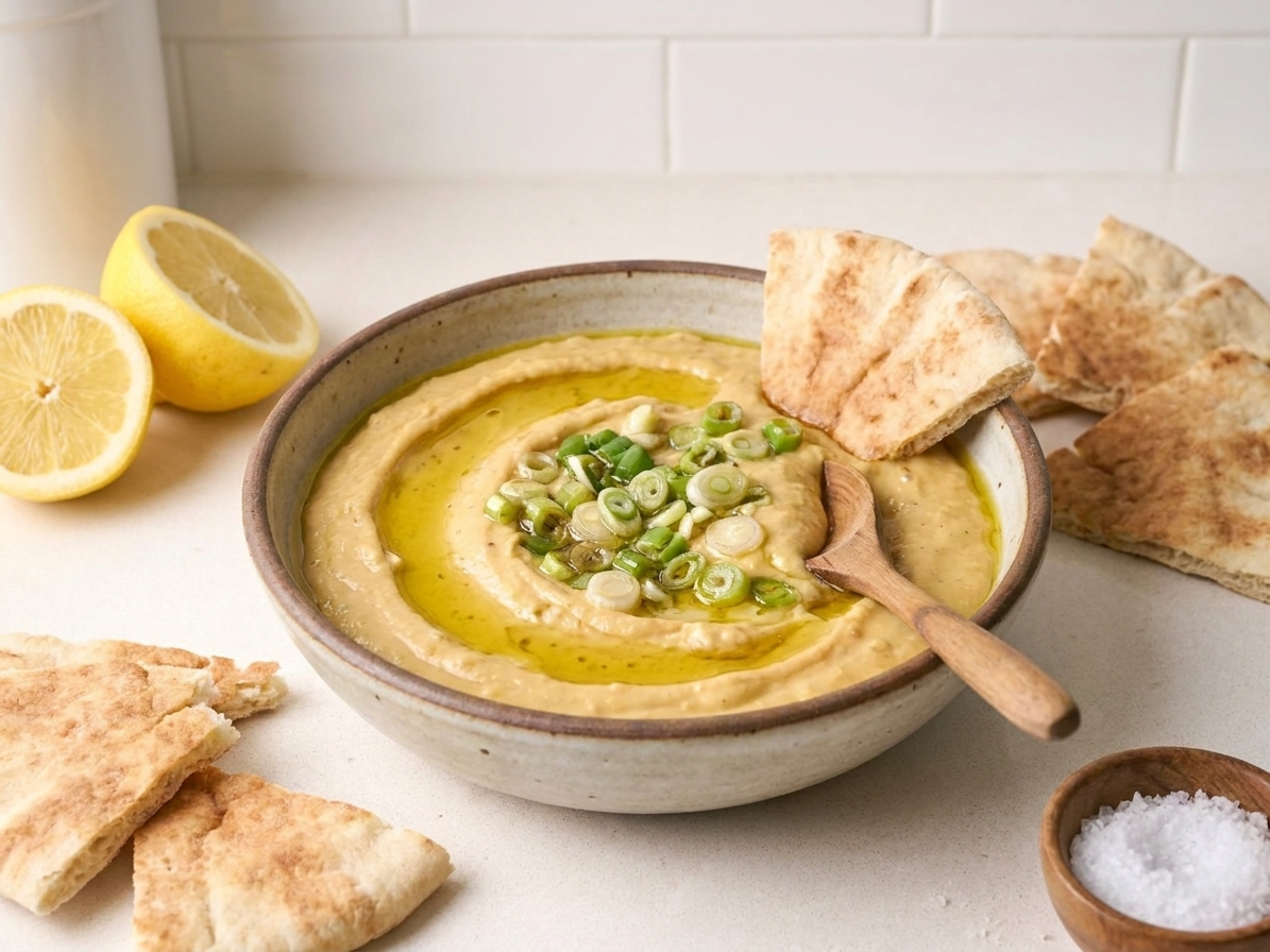 A serving bowl of fava bean dip with a glossy olive oil swirl and scallions, served with pita wedges on a simple table setting